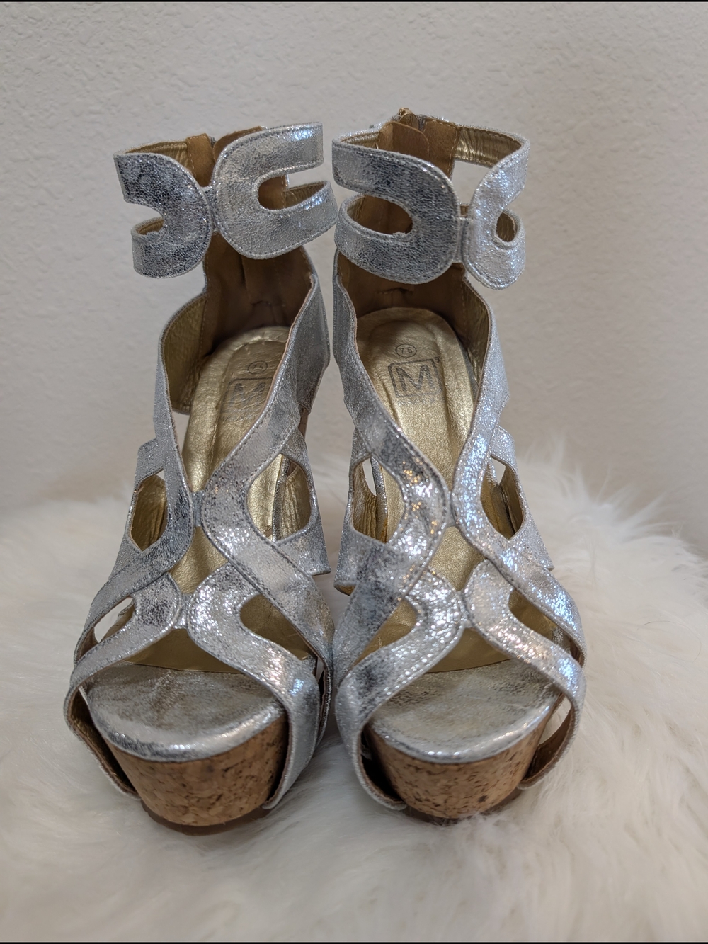 Silver Glitter Strappy Cork Wedge Sandals - Women